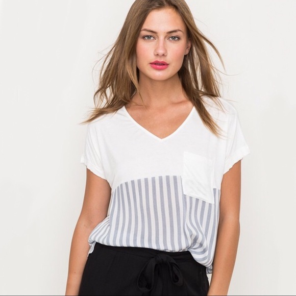 Anthropologie Hem & Thread V Neck Top Stripe Blue - Picture 2 of 6